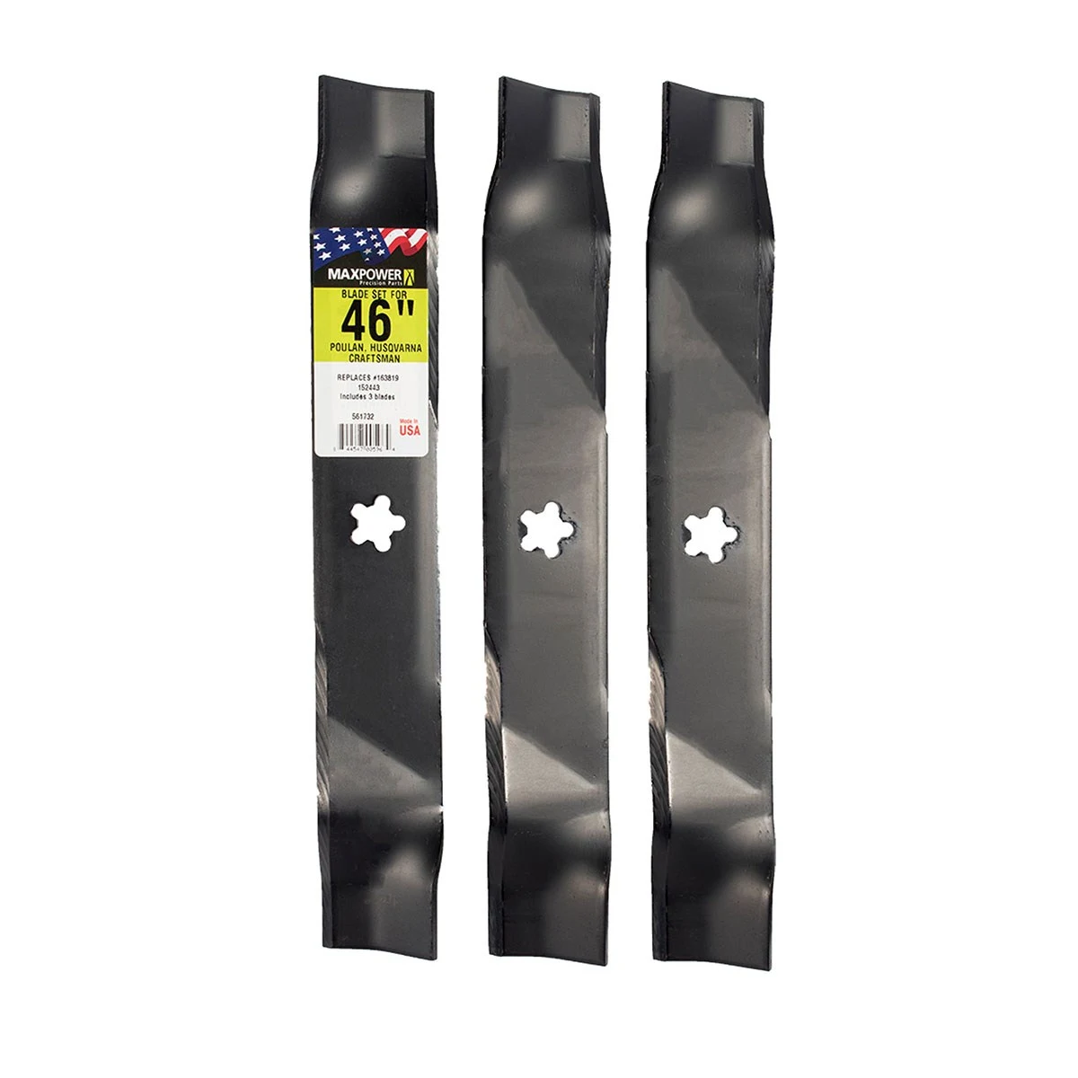 MAXPOWER PRECISION PARTS Maxpower 3 Blade Set for Many 46" Craftsman, Husqvarna, Poulan Mowers Replaces OEM #'s 52443, 163819, 532145708, 532152443 — Single Unit