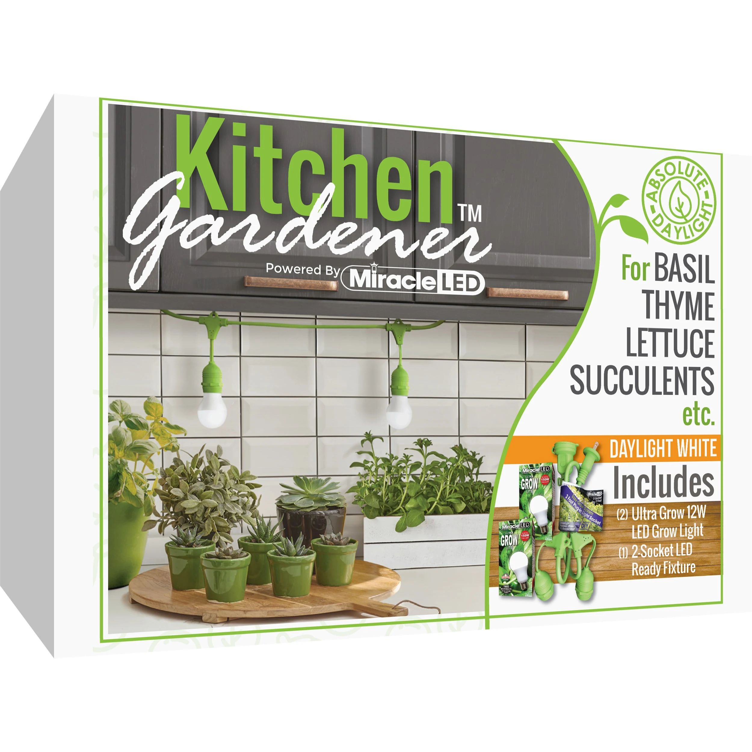 STIMULUS BRANDS LLC Miracle LED Kitchen Gardener LED Grow Light Kit, 3-Foot Length, with 2 Ultra Grow Lite Full Spectrum Grow Bulbs — Single Unit