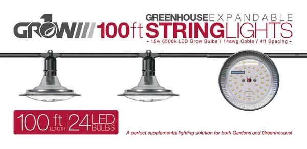 100' Greenhouse Expandable String Lights 14AWG w/ 12W LED 6500K Grow LED Bulbs (24 bulbs)
