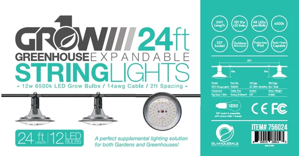 24' Greenhouse Expandable String Lights 14AWG w/ 12W LED 6500K Grow LED Bulbs (12 bulbs)