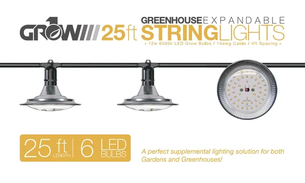 25' Greenhouse Expandable String Lights 14AWG w/ 12W LED 6500K Grow LED Bulbs (6 bulbs)