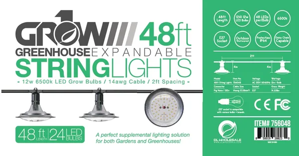 48' Greenhouse Expandable String Lights 14AWG w/ 12W LED 6500K Grow LED Bulbs (24 bulbs)