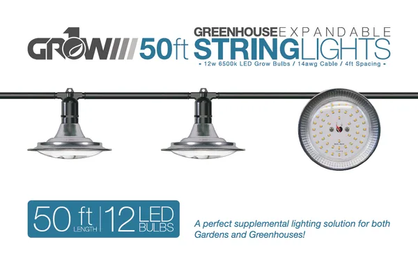 50' Greenhouse Expandable String Lights 14AWG w/ 12W LED 6500K Grow LED Bulbs (12 bulbs)