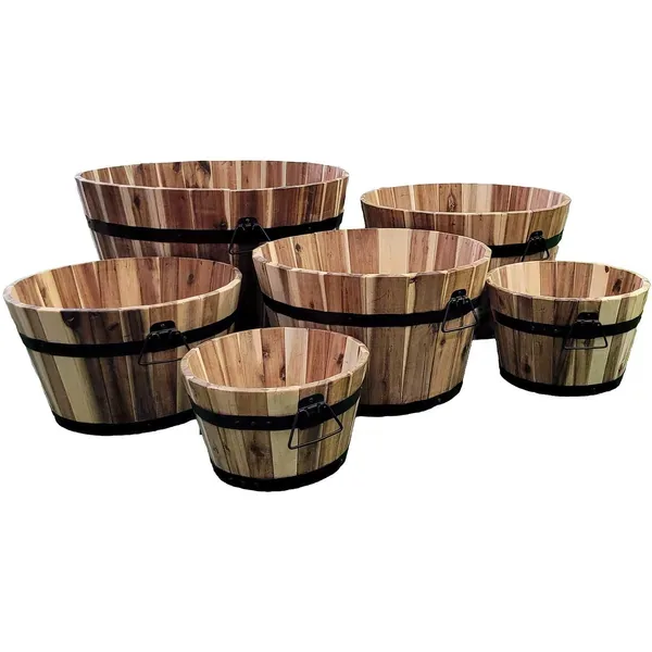Devault 6pc Set Whiskey Barrel Planters Light Oil Stain - Image 2