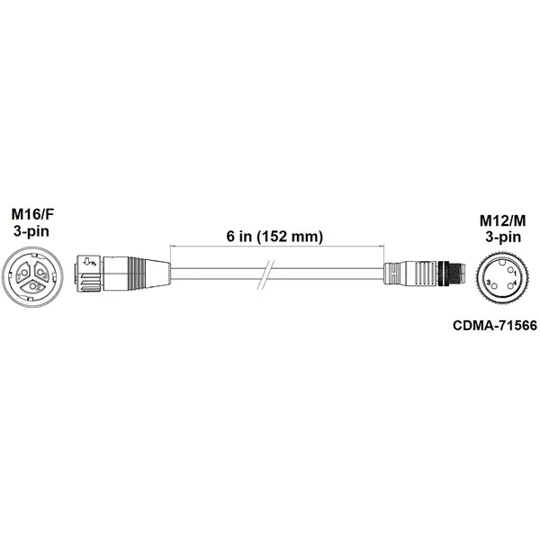 Fluence PSU1/PSE2 DC Dimming Adapter, 6" ( 152mm ), M16 Push Lock Connector on Power Supply to M12 Threaded Connector on Dimming Cable - Image 2