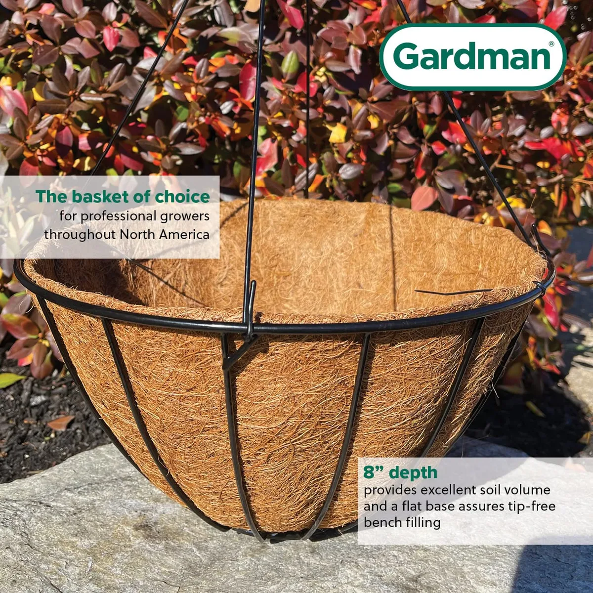 Grower Select 16" Hanging Basket Black 20" 4 Strand Wire Hanger Flat Bottom Coco Liner ; 16in X 8in 3.43 GAL / 13 liters Liquid Volume Capacity