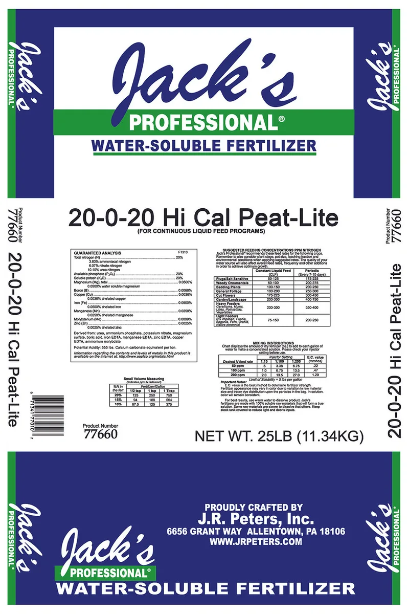 Jacks Prof Hi Cal Peat-Lite 20-0-20 25Lb - Image 2