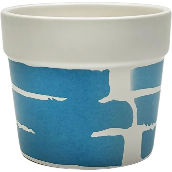 Mcarr 4"x4"X3.5" Ceramic Pot Glossy Glaze White with Blue Stripe Pattern