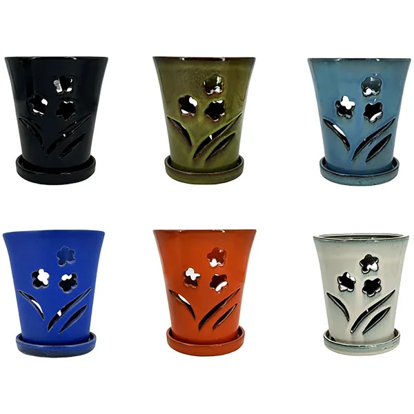 MCarr 6pc Mix 6.3"x6.3"x7.4" Tall Orchid Pot Assorted Colors Dark Blue, Light Blue, Cream, Green, Orange, Black (Case of 6)