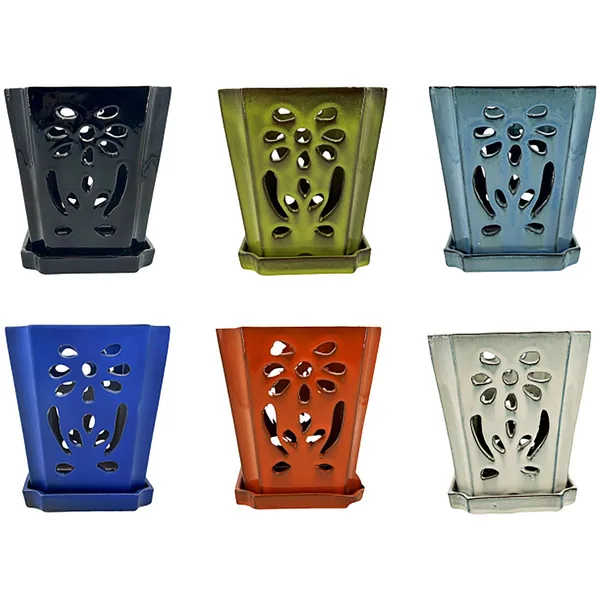 MCarr 6pc Mix 7"x7"x8" Floral Orchid Pot Assorted Colors Dark Blue, Light Blue, Cream, Green, Orange, Black (Case of 6)