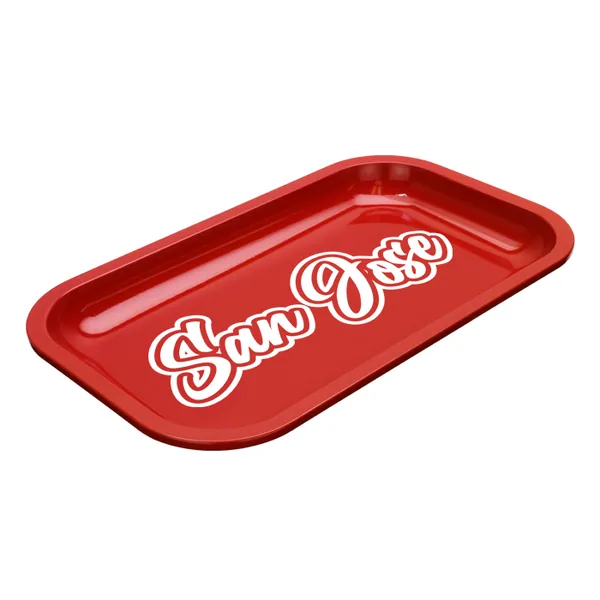 Med Dope Trays x San Jose – Red background white logo
