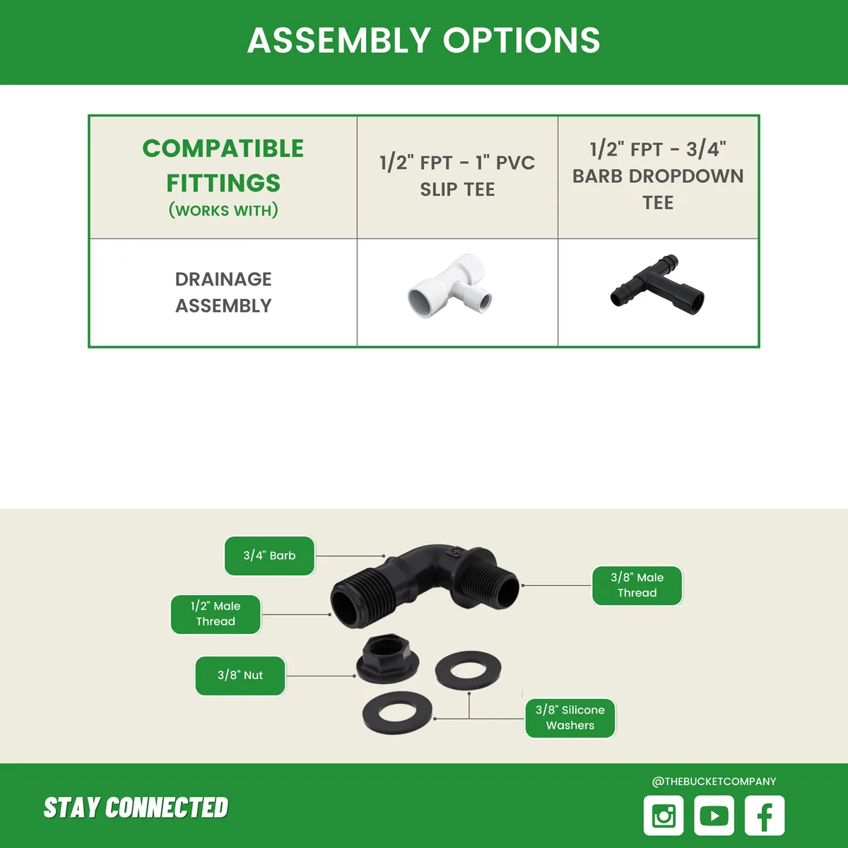 3/8" MPT Elbow w/ Nut & Gaskets - 1/2" MPT or 3/4" Barb - Image 2